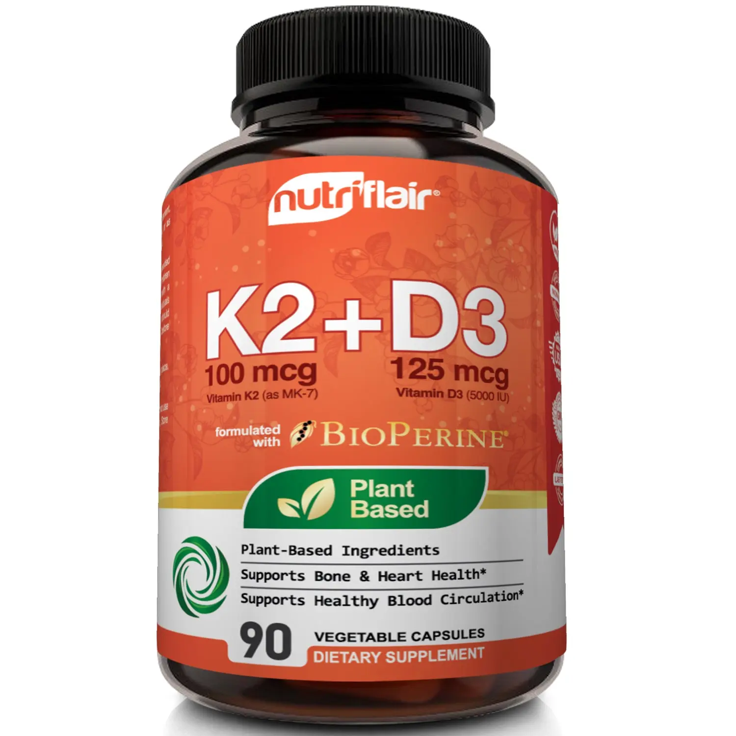 Nutriflair Vitamin K2 + D3, Heart and Bone Support Supplement, Natural Dairy-Free and Vegan-Friendly - 90 Capsules Dietary Edible