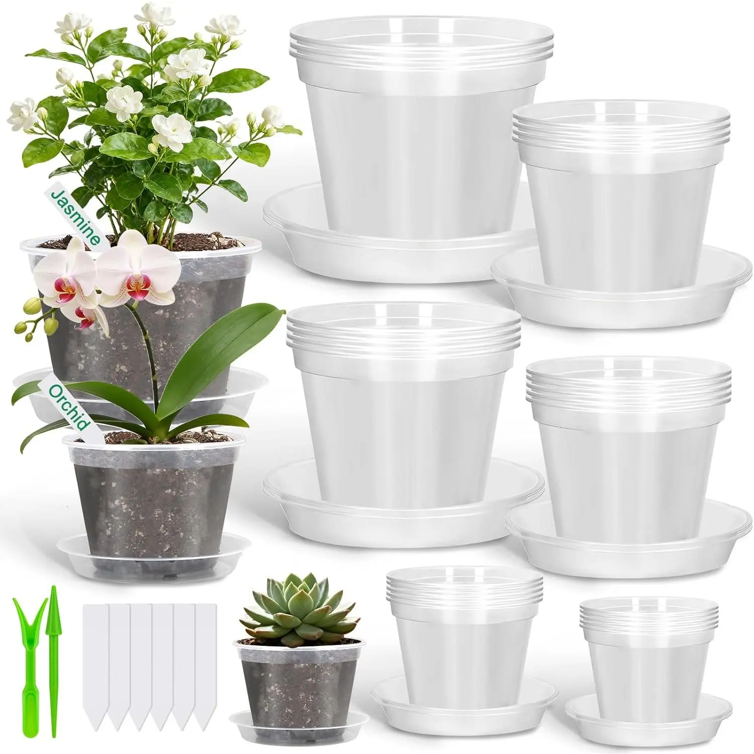26 Pack Clear Plastic  Pot for  with Saucers, 2 Garden Tools and 30 Labels, Variety Clear  Planter with Drainage Holes for Indoor Outdoor (3.1/3.5/3.9/5.1/5.9/7.1 inch)