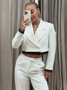 Women's Blazer With Lace White Loose-Fitted Blazers For Female Casual Long Sleeve Coat Women's Cropped Jacket Elegant Female Blazer Women's Tailoring Jacket Office Look