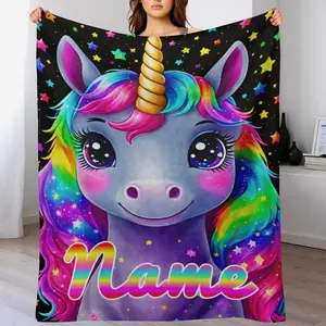 Custom Name Blanket Cartoon Colored Unicorn Personalized Name Gift ,Suit for The Sofa, Bed, Travel, Camping, Living Room, Office, Chair，Gifts for Family or Child  ,Friend , Send your custom text via shop chat to personalize