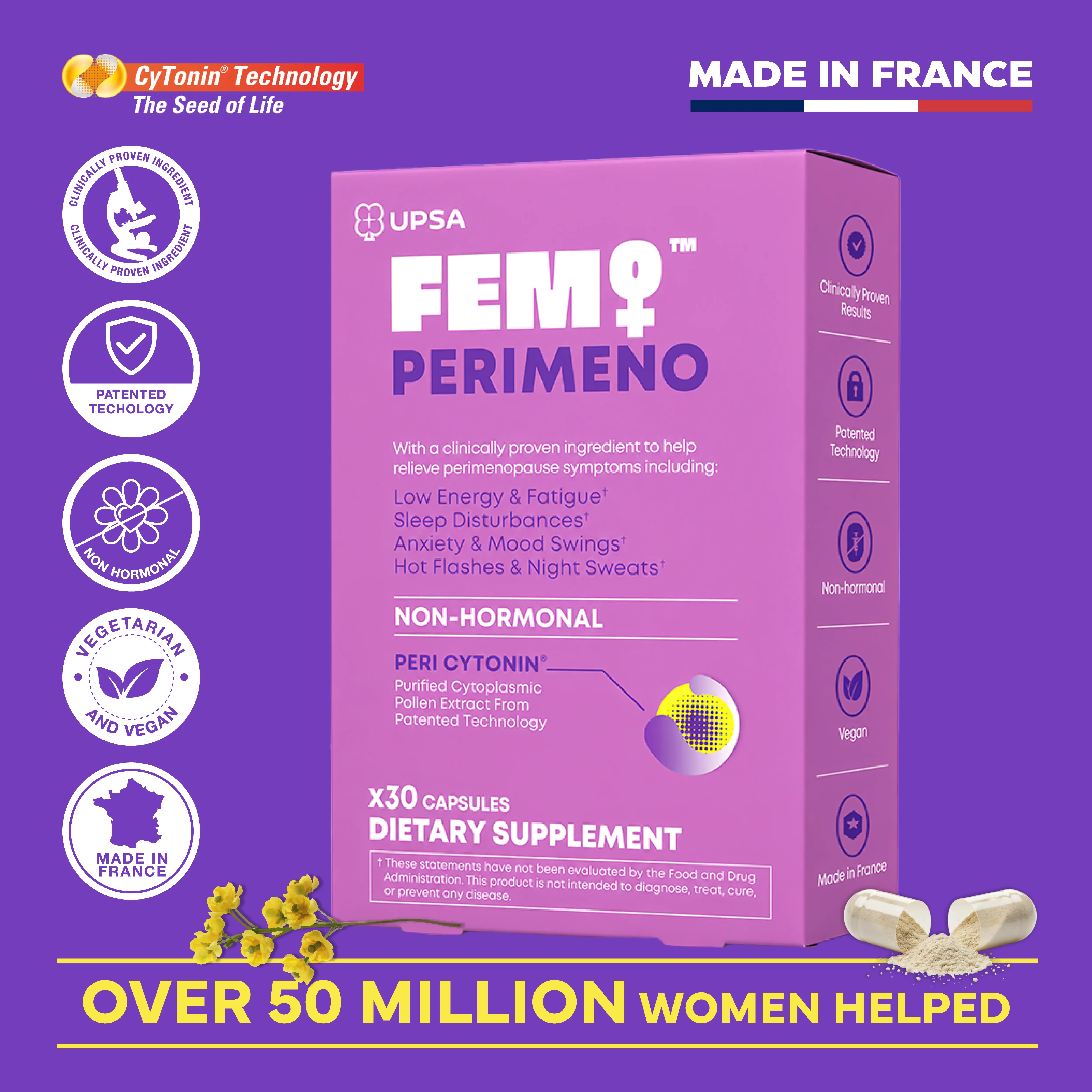 UPSA FEM PERIMENO Non-Hormonal Perimenopause Support Capsules for Adults - Clinically Proven Botanical Extracts (Pollen, Saffron), Vitamins, Patented Tech, Vegan Sleep Aid & Energy, Mood Balance