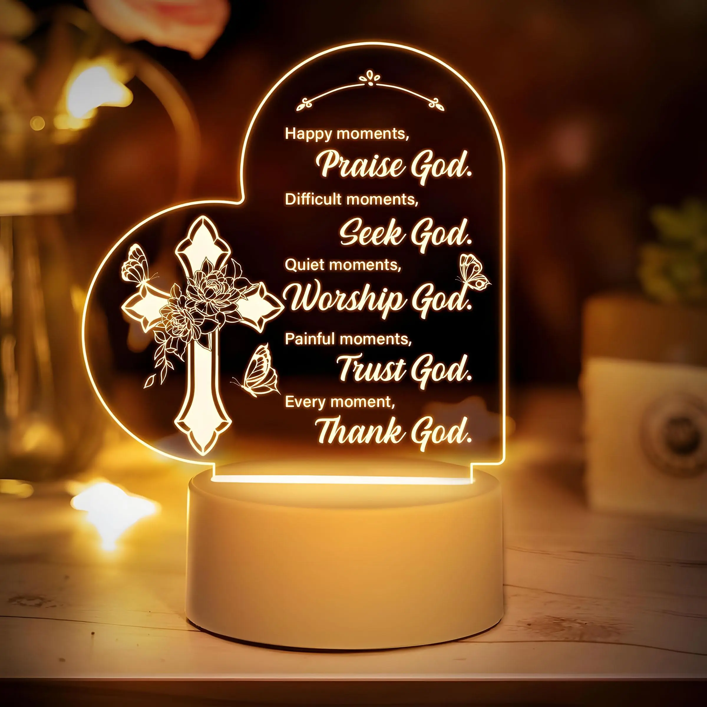 Heart Shaped Christian Night Light, USB Powered LED Lamp with Cross Design, Decorative Ambiance Lighting for Home Office, Inspirational Gift for Women, LED Ambient Light, Home Decoration Lamp, Indoor Light