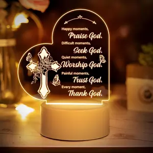 Heart Shaped Christian Night Light, USB Powered LED Lamp with Cross Design, Decorative Ambiance Lighting for Home Office, Inspirational Gift for Women, LED Ambient Light