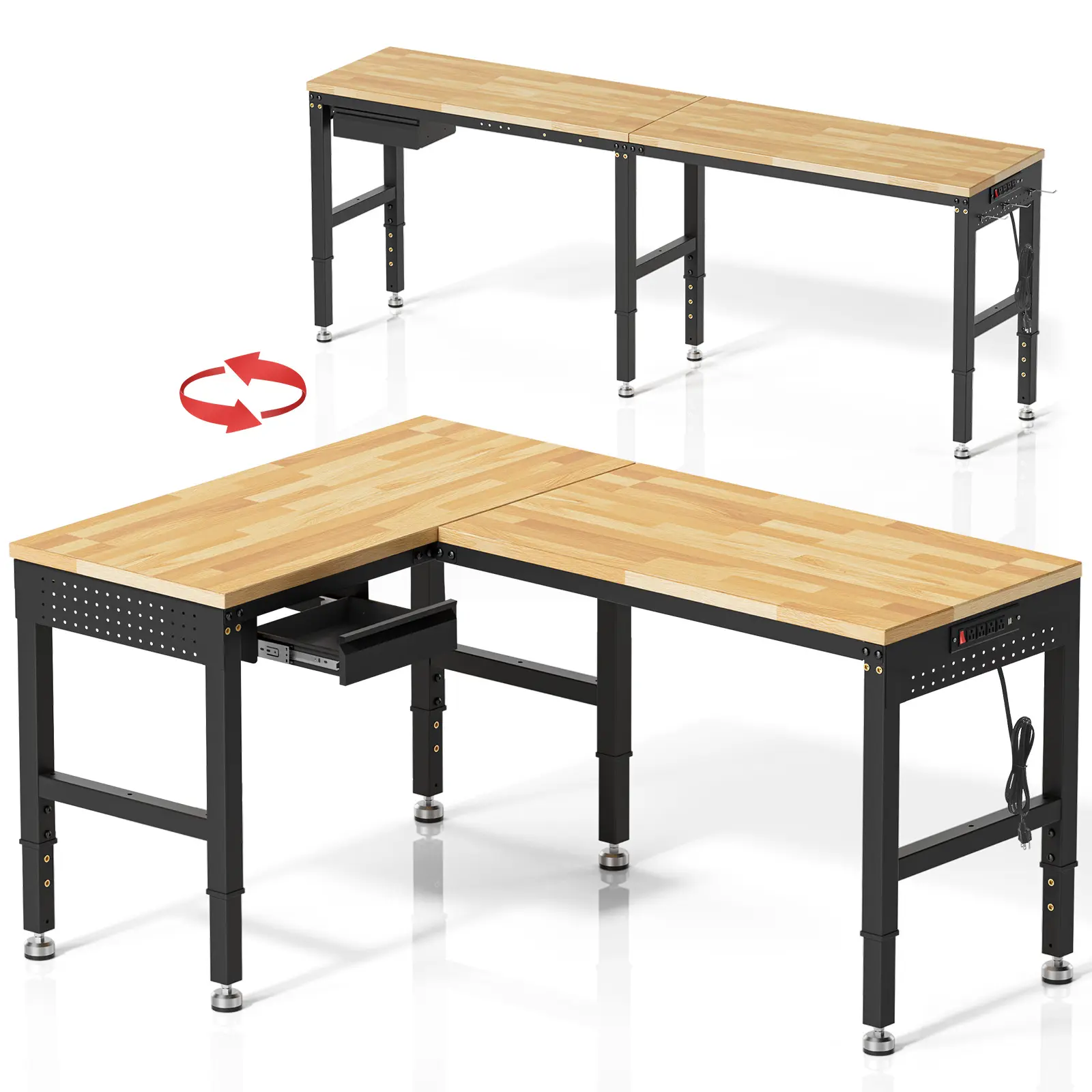 MUWOOD 96”L-Shaped Heavy Duty Work Bench, Heights Adjustable Workbench, 5000 LBS Load Capacity, Work Benches for Garage with Power Outlet & Pegboard, Rubber Wood Work Table for Office, Workshop, Home Solid Wood Workstation