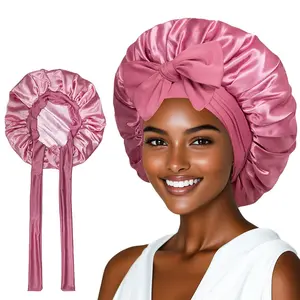 Satin Silk Haircare Bonnet - Youth Adjustable Drawstring Night Cap with Soft Wide Band, Curly Natural Hair Protection Wrap for Shower Use