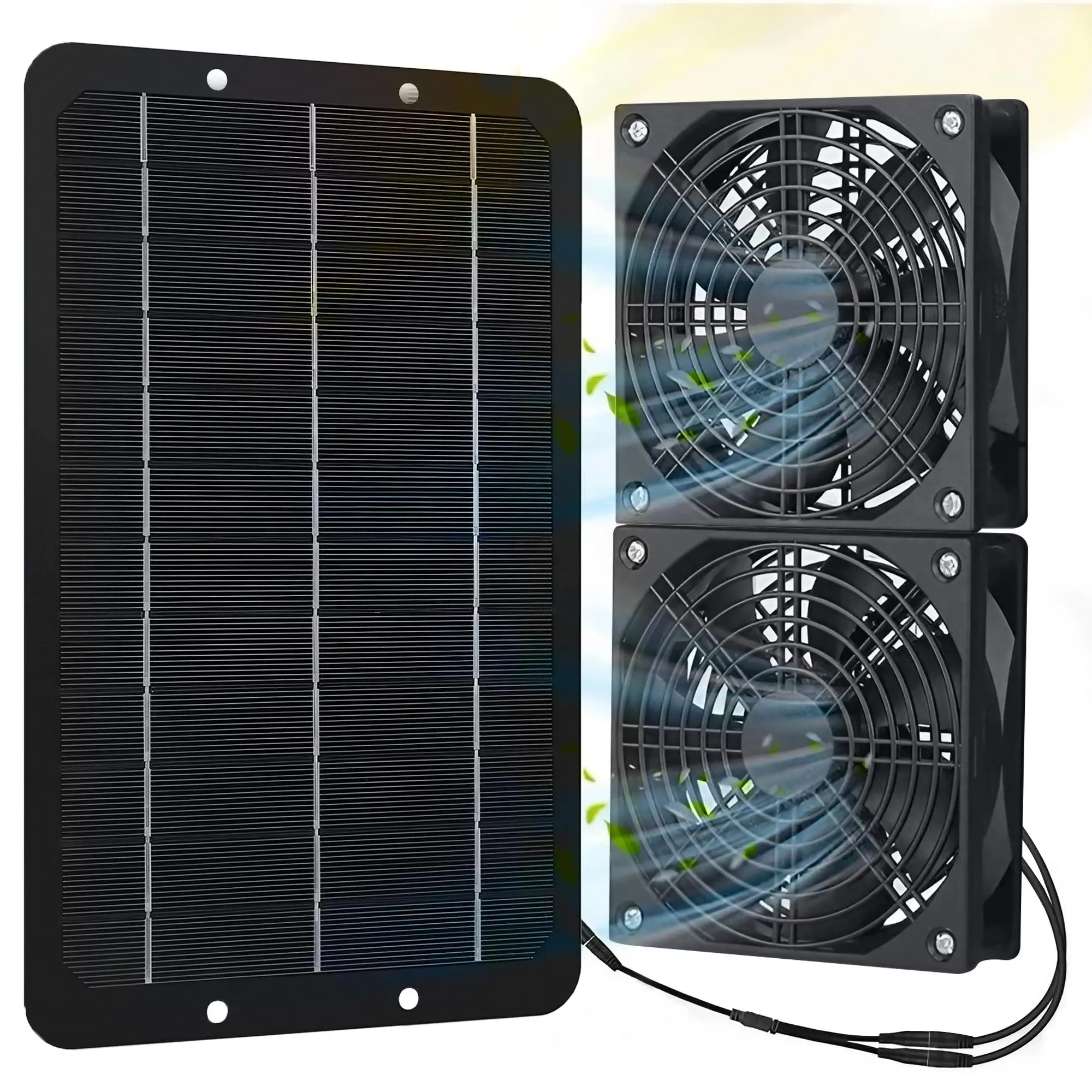 Solar Powered Dual Fan System, Solar Powered Air Circulation Fan, Outdoor Rainproof Silent Fan, Multipurpose Fan for Home, Greenhouse, Chicken House,