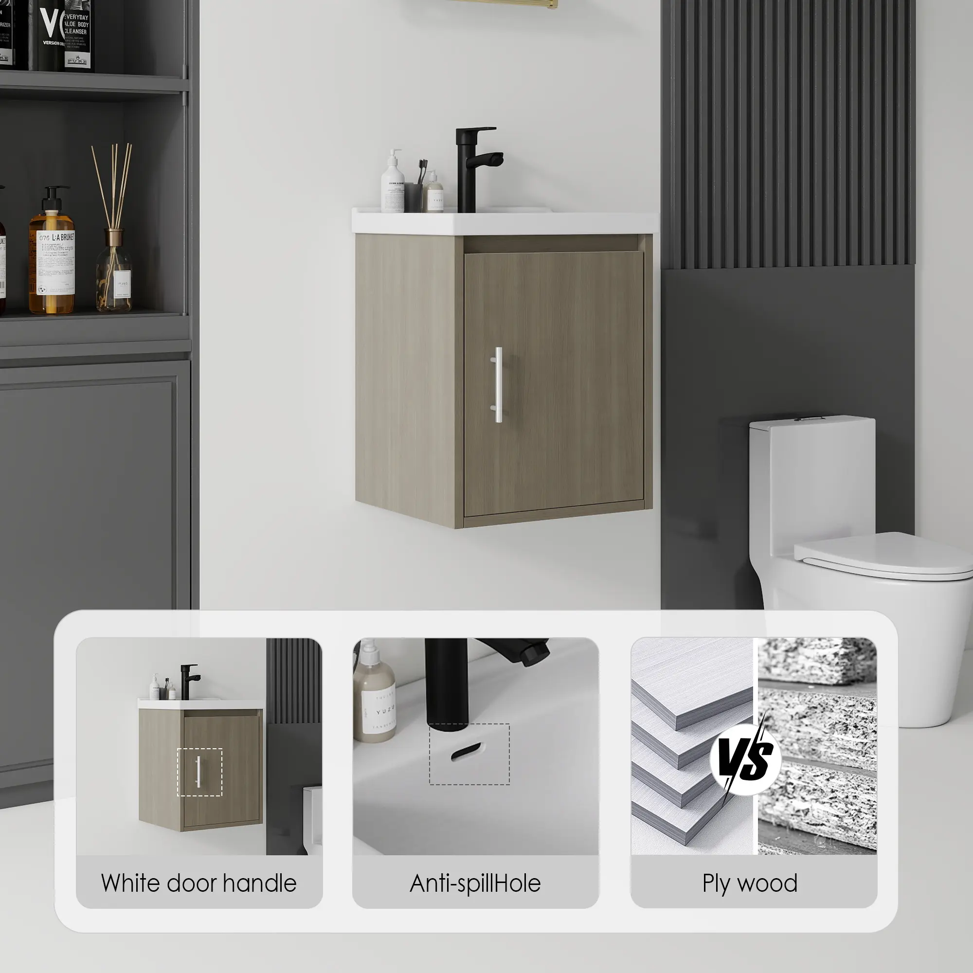 20-Inch Compact Floating Wall Mount Bathroom Vanity, Eco-Friendly Moisture-Proof Plywood Cabinet with Integrated Ceramic Sink, Soft Close Single Door for Small Powder Rooms, HeWalnut (Assembly Required)