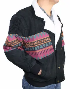 Men's Genuine Soft Suede Leather Bomber Jacket with Striped Faux Fur Collar & Colorful Fabric Bonded Design - Medium Size, Long Sleeve, Classic Coats, Pockets, Ribbed