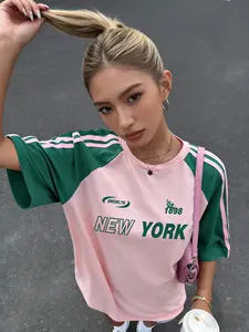 New York Brooklyn 1898 Raglan Sleeve T-Shirt for Women, Y2K Aesthetic Pink Green Color Block Striped Tee, Oversized Casual Sporty Vintage Graphic Tops,Daily Wear, School, Shopping, Date Night, Retro College Style for Teen Girls, Gen Z Fashion