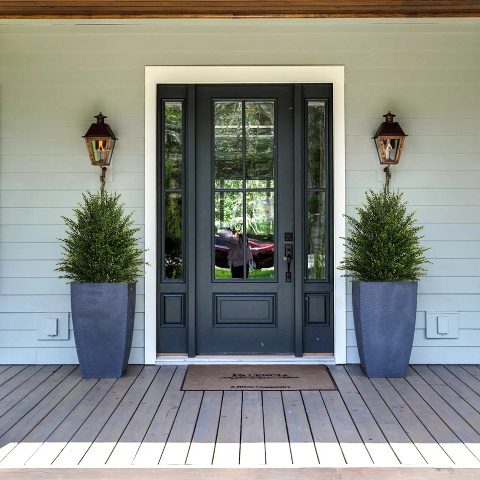 24-Inch Lifelike Potted Shrubs, Evergreen-Style Faux Plants (Artificial Cedar) — Faux Pine & Boxwood Potted Shrubs, Suitable for Indoor & Outdoor Use, Realistic Faux Plants, A Top Choice for Front Porch Decoration