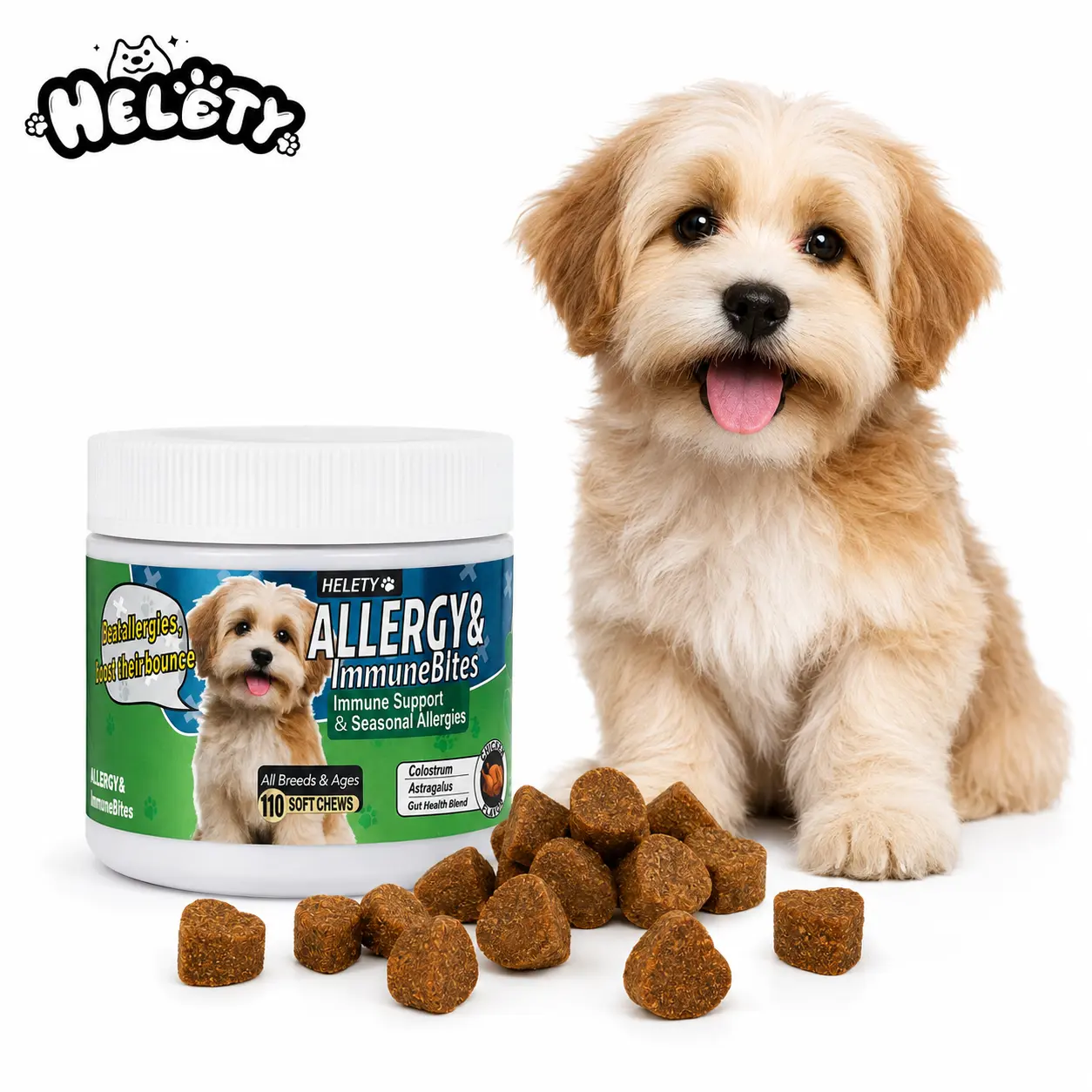 Helety Dog Allergy ImmuneBites - 110 Ct Chicken Flavor Soft Chews for Allergy Relief & Seasonal Wellness, Skin Comfort, Gut Support, Colostrum Astragalus Formula, All Breeds Natural Supplement with Pumpkin, Probiotic, Hip & Joint Mobility Support