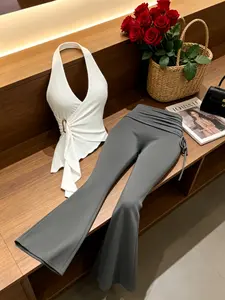 Spring Autumn Pure Desire Halter Top, Irregular Hem Design, Foldover Slim Fit Long Pants Set, Two-Piece for Women