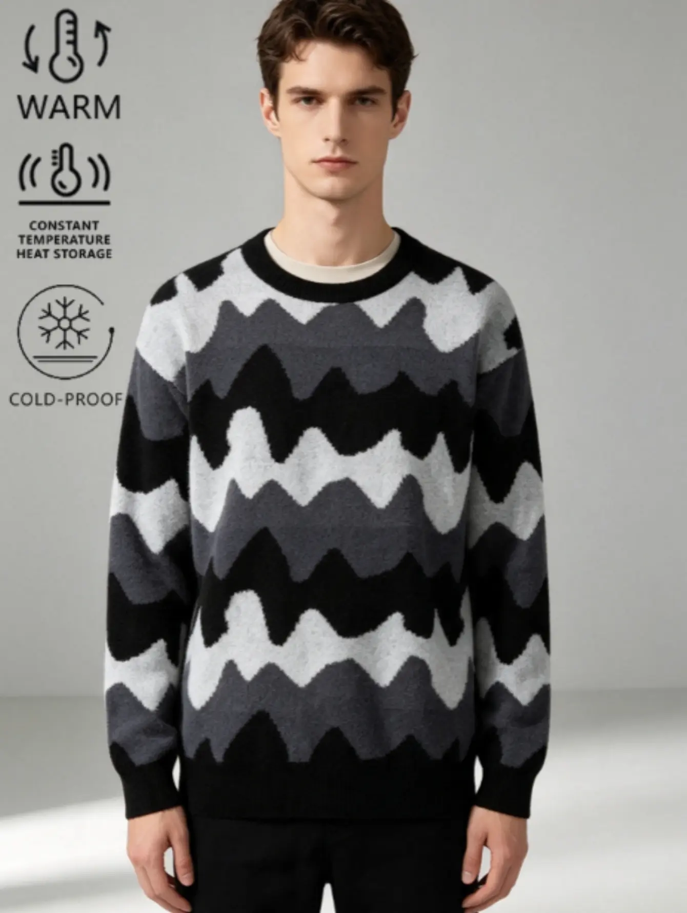 Knitted crewneck pullover sweater, pull-on top without a front closure, straight long sleeves paired with ribbed cuffs, body featuring horizontal wave-like zigzag jacquard texture, ribbed hem at the bottom, fine-knit construction for casual fall/winter we