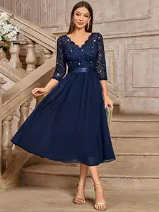 MIUSOL 24407A Elegant Modest V-Neck Sequin Floral Lace Ruched Chiffon Flowy 3/4 Sleeve Evening Cocktail Formal Party Long Dress, For Wedding Guest, Prom Party, Graduation, Swing Dress, A-Line Dress, Midi Dress, Formal Wear, Lady
