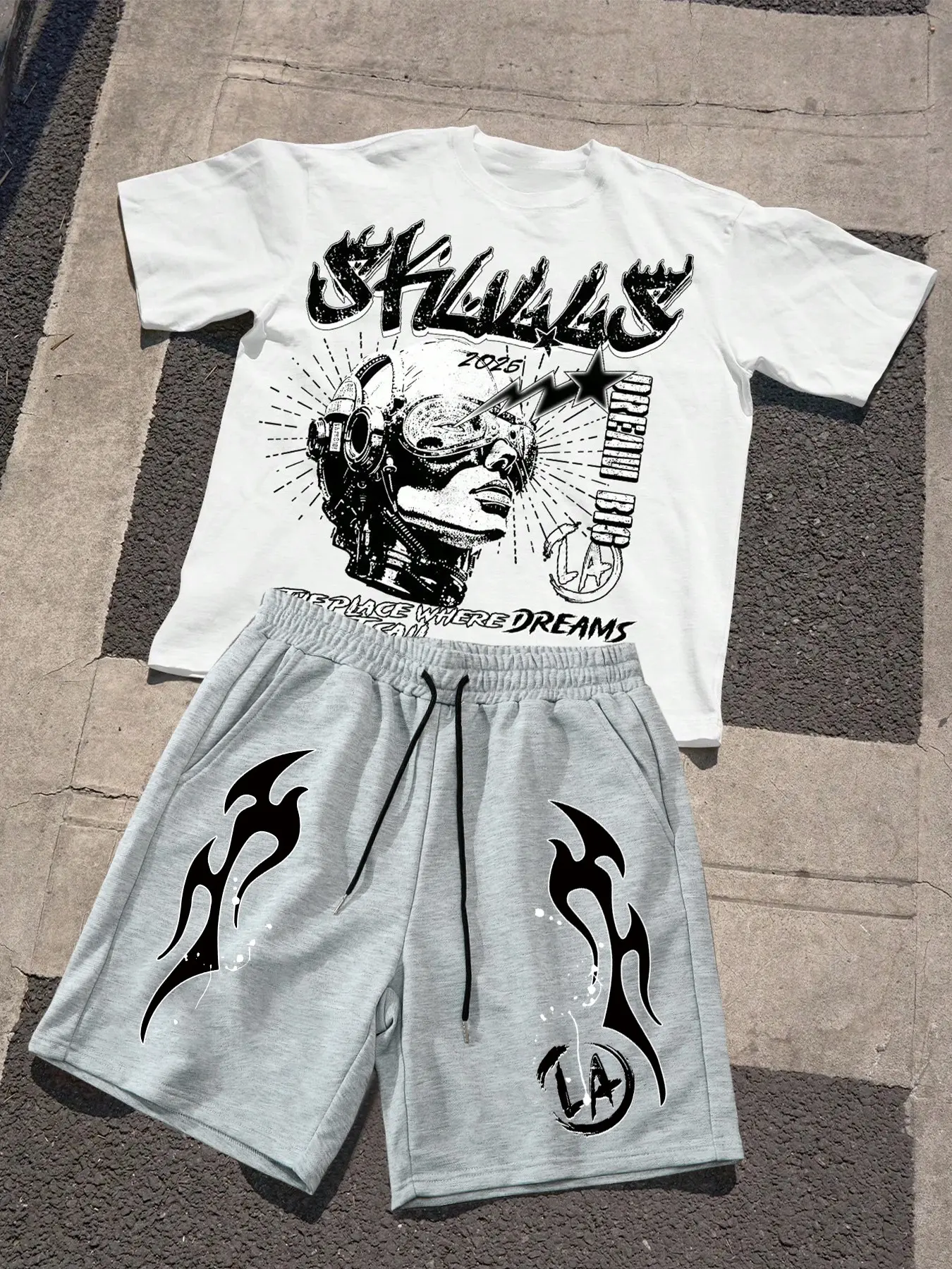 2026 Streetwear Set, Casual, Menswear: White patterned T-shirt, futuristic helmet print, 'Dreams Set Sail' slogan, Black flame shorts, cyber style, loose fit, monochrome vibe, perfect for #OOTD #StreetStyle