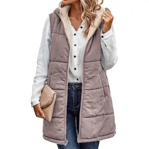 Women Long Puffer Vest: Reversible Fleece Jacket Winter Warm Sleeveless Hooded Coat with Pockets