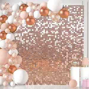 KEQU 4*6FT rose gold background wall with 24 pieces of rose gold sequin background decorative panels, photo background for birthday, New Year, Valentine's Day, Christmas, Halloween, anniversary wedding engagement decoration banner decoration set