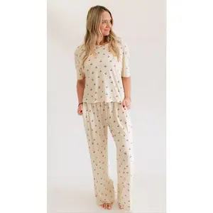 Women's T-Shirt and Pants Set in Cream Cherries