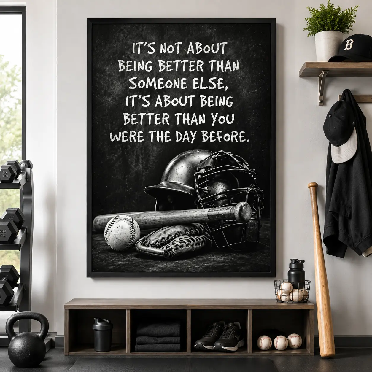 Vintage Baseball Motivational Wall Art, Sports Inspirational Quote Poster, Black White Canvas Print, Boys Room Bedroom Decor, No Frame