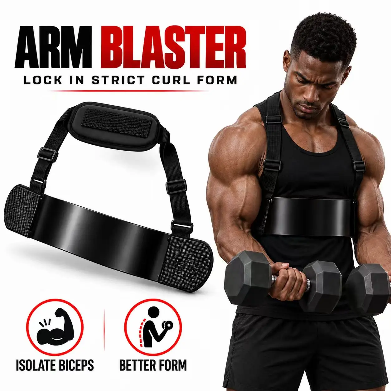 Adjustable Comfortable Arm Blaster with Secure Strap, Bicep Curling Isolator Fitness Accessory for Dumbbell & Barbell Workouts, Strength Training Equipment for Gym & Home