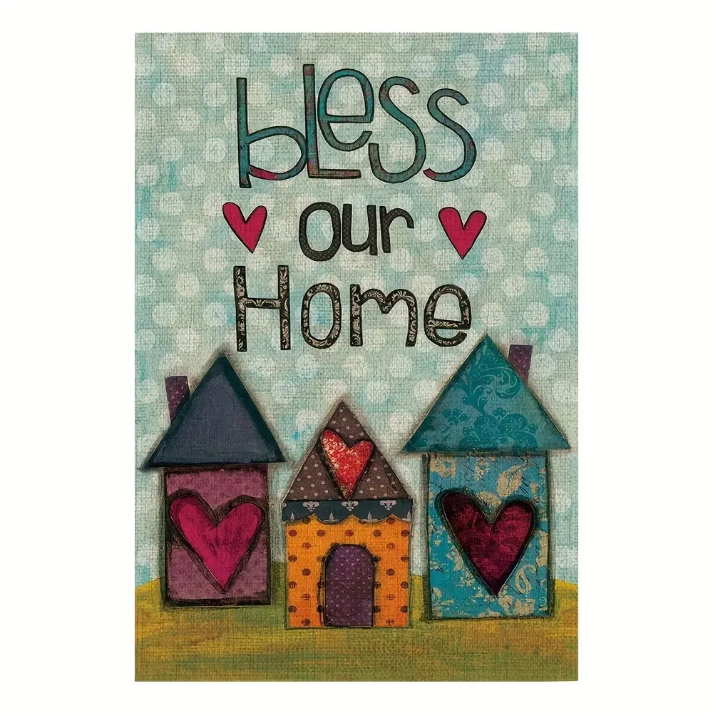Bless Our Home Garden Flag 12x18 Inch, Rustic Folk Art House with Hearts Yard Flag, Farmhouse Outdoor Decor, Double Sided Welcome Flag for Home & Garden  Colorful Folk Art Houses with Hearts, Perfect Housewarming Gift for New Homeowners