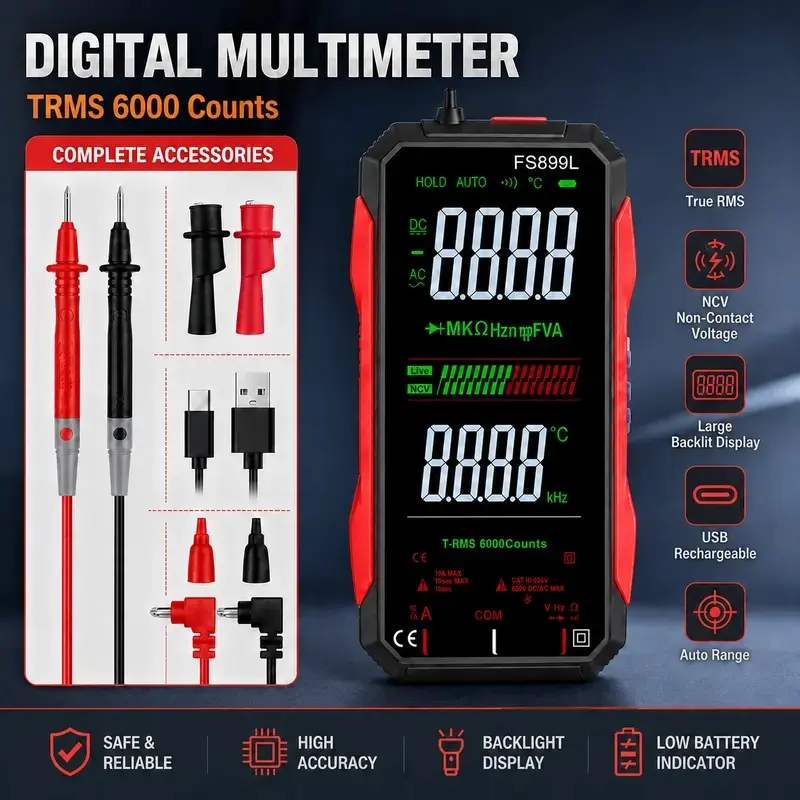True RMS Digital Multimeter, 6000 Counts USB Rechargeable Electrical Tester with NCV Voltage Detection, Backlit Display & Flashlight for Home, Auto and Electrical Testing