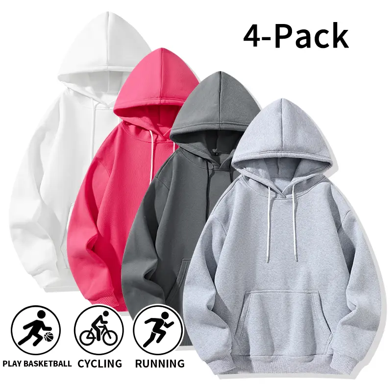 4-Pack Solid Color Heavyweight Drop-Shoulder Hoodies, Basic Pullover Hoodies with Drawstrings & Kangaroo Pockets, Unisex Thick Fleece Soft Long-Sleeve Tops, Versatile Casual Jackets in Minimalist American “Lazy Street” Style, suitable for basketball, cycl