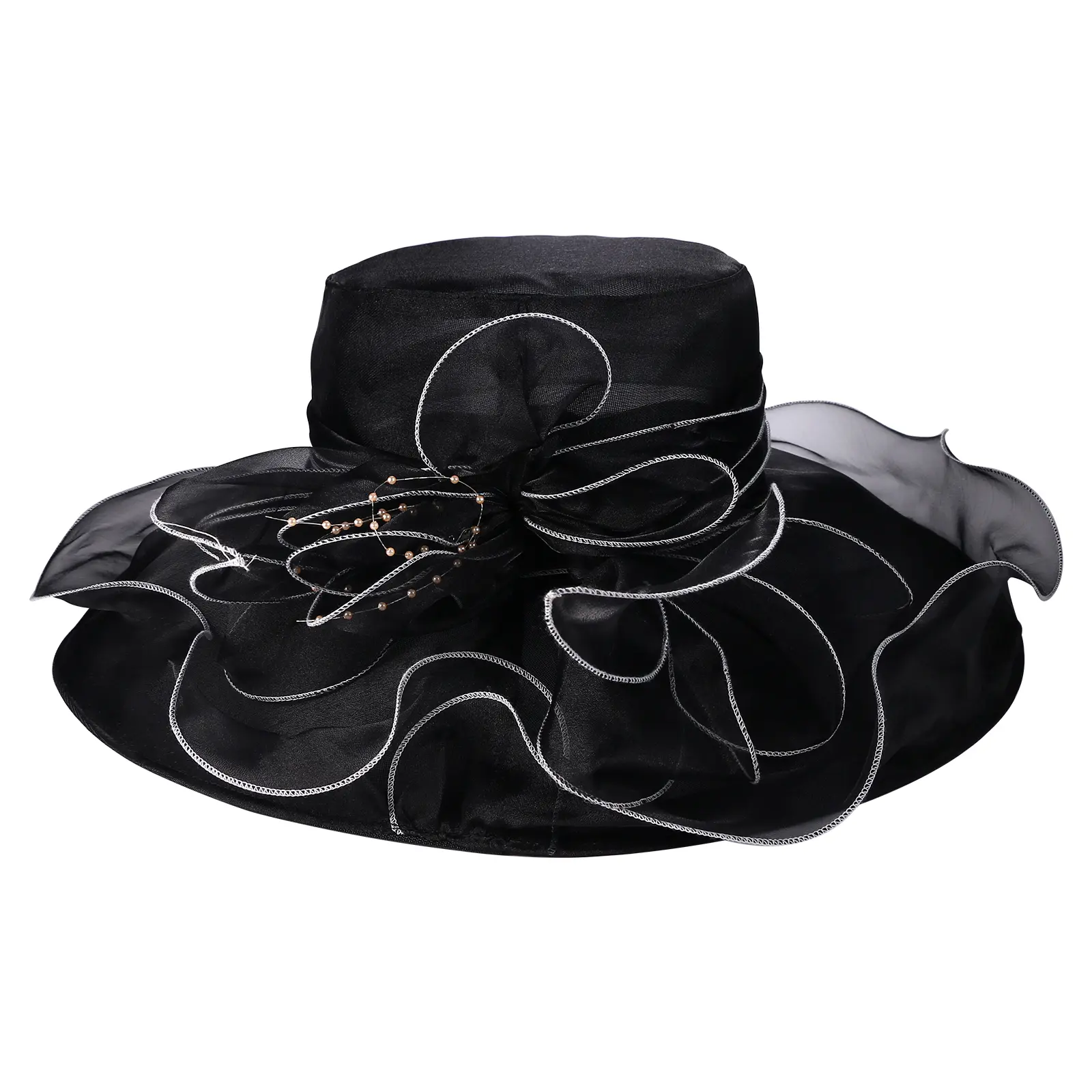 OIDEA Women's Elegant Organza Black Hat - Adjustable Brimmed Floral Feather Headpiece Hat, Breathable Undercap Headband, Lightweight Sun Protection Head Covering Accessory for Royal Ascot, Wedding, Head Covering Hats