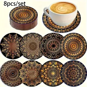 8-Piece Golden Mandala Wooden Kitchen Coasters - Absorbent and Durable, Ideal for Coffee, Tea, and Beverages | Perfect Home and Restaurant Decor | Ideal Graduation Gift