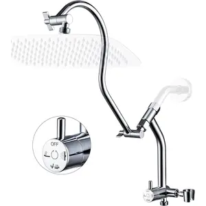 Metal Shower Diverter with Low Handheld Holder and 13 Inch Curved Adjustable Shower  Extension Arm, 3-Way Diverter Valve with Pause Mode (Chrome)