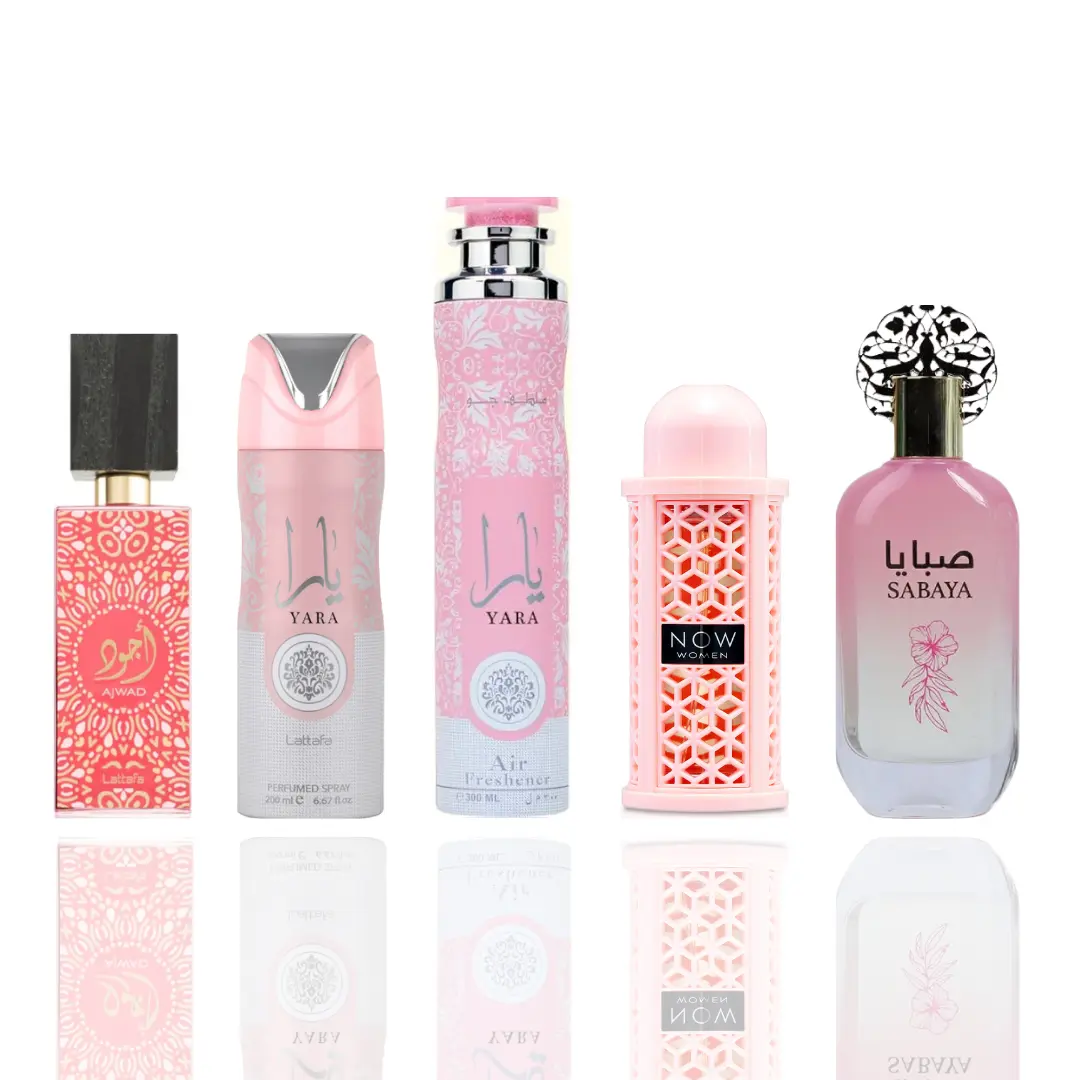 Lattafa Women's 5-Piece Body Care Bundle - Ajwad Pink, Yara Deodorant, Yara Air Freshener, Now Woman, Sabaya with Vanilla, Coconut, Floral Fragrances, Floral Scents, Creamy Coconut Scent