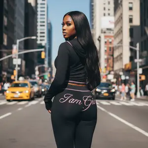 Y2K Black Two Piece Set Women – Zip Up Crop Top & High Waist Leggings with Pink Gia Logo, Trendy Streetwear Tracksuit for Spring Summer Daily Outfit, Casual Lounge Wear with Contrast Stitching and Thumb Hole Sleeves