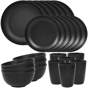 Quatish 24 Piece Black Dinnerware Set for 6 Unbreakable Plastic Plates Bowls Cups Dishwasher Microwave Safe Camping RV Essentials