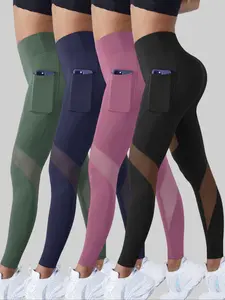 4PCS Women's High Waist Sheer Sports Tummy Control Leggings, Comfortable Square Pockets Skinny Pants, High Stretch Seamless Yoga Legging, Ladies Sportswear Clothing