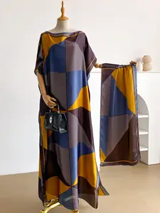 Women's Geometric Patchwork Print Dress Set with Scarf Shawl, Casual Woven Fabric, Thin Design, Perfect for Beach, Sun Protection, Daily Wear