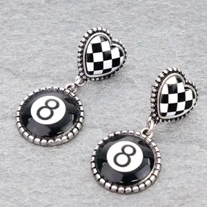8 Ball Checker Earrings - Black and White Checker Design with Black Number 8 - Elegant and Unique Style