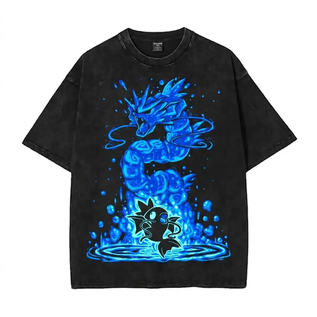 Gyarados Magikarp Evolution Graphic T-Shirt Vintage Acid Wash Oversized Anime Tee Streetwear