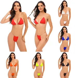 2026 Women's Solid Color Gathered Bikini Sheer Strap Sexy Summer Beach Swimwear in Vibrant Colors for Beachwear