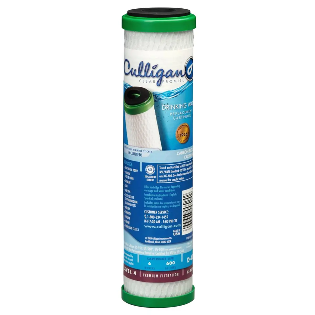 Culligan D40-A Activated Carbon Drinking Water Filter Cartridge - 0.5 Micron Filtration, Removes Asbestos & Lead, Eliminates Bad Taste, Controls Odors, 2.5x9.75x2.5 Inches, 600 Gal/6-Month Filter Life for Household Kitchen Appliances & Ice Makers