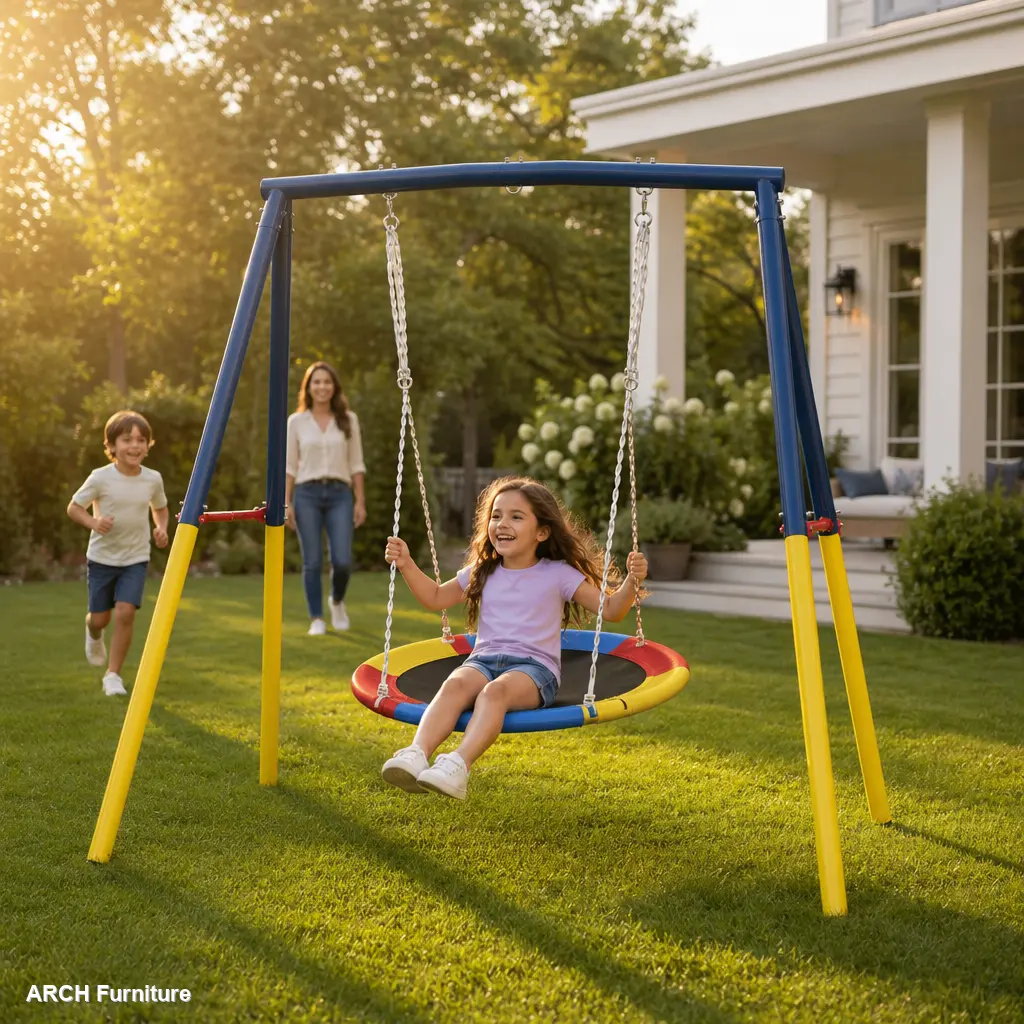 ARCH Flying Saucer Swing Set with Heavy Duty A-Frame Metal Swing Stand, Full Steel, Outdoor for Kids, Backyard, Playground, Outdoor