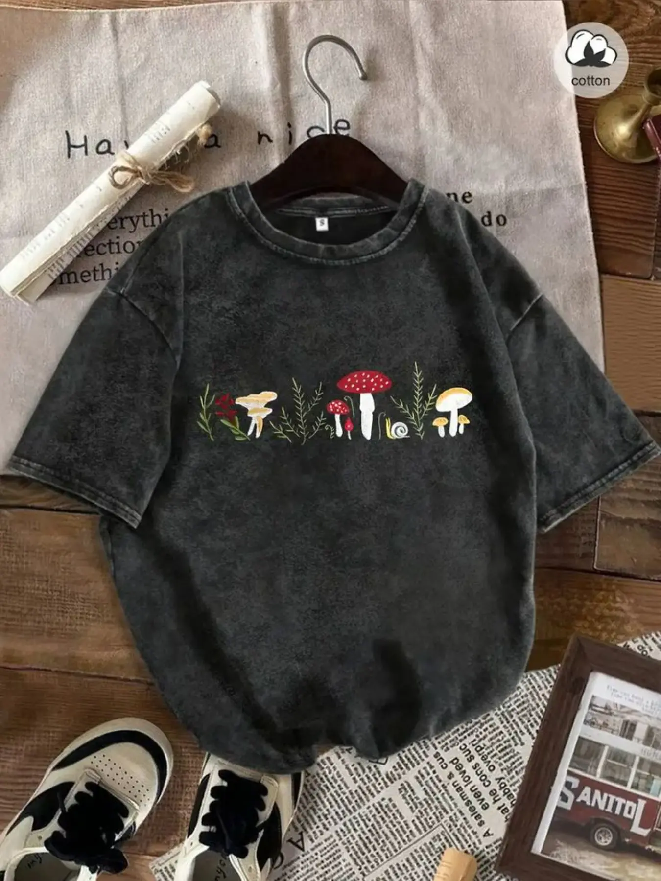 Women's Cotton Casual Loose Fit Round Neck T-Shirt, Casual Cotton Top, Womenswear, Lady, Fun Mushroom Print, Vintage Washed Style, Summer, Perfect for Daily Wear Outdoor Activities