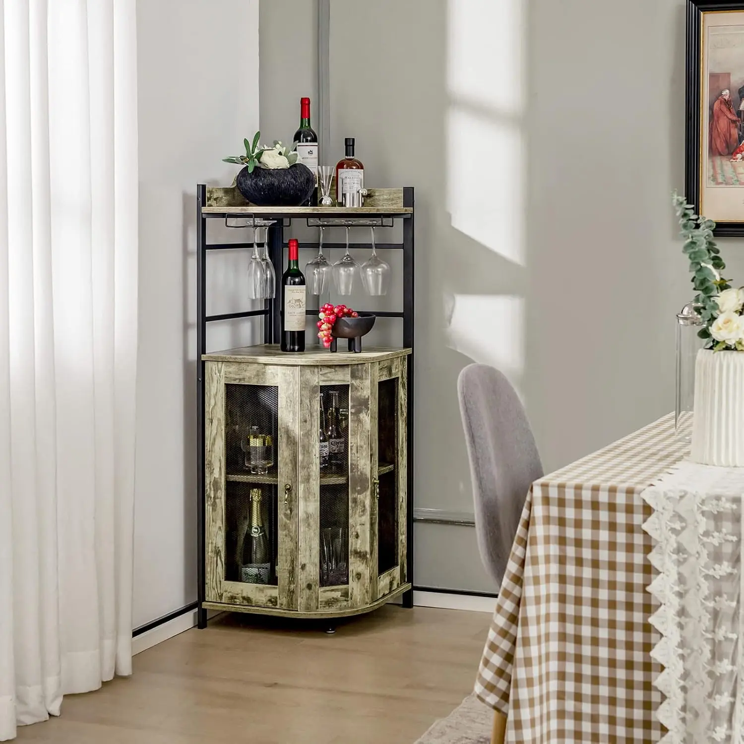 COSTWAY Corner Bar Cabinet with Glass Holder, Industrial Wine Cabinet with Metal Mesh Doors & Adjustable Shelf, Buffet Cabinet with Anti-tip Kit for Home Kitchen Dining Room