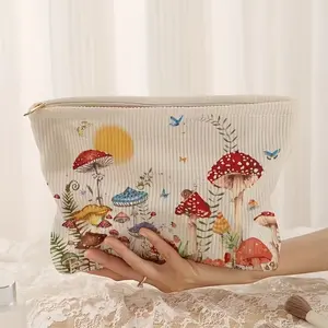 Cottagecore Mushroom & Butterfly Corduroy Makeup Bag, Cute Aesthetic Mushroom Cosmetic Pouch, Nature Lover Travel Toiletry Bag, Fairycore Organizer, Travel Zipper Bag,Perfect Mother's Day Gift for Mom, Daughter, Sisters , Friend, Teen Girl