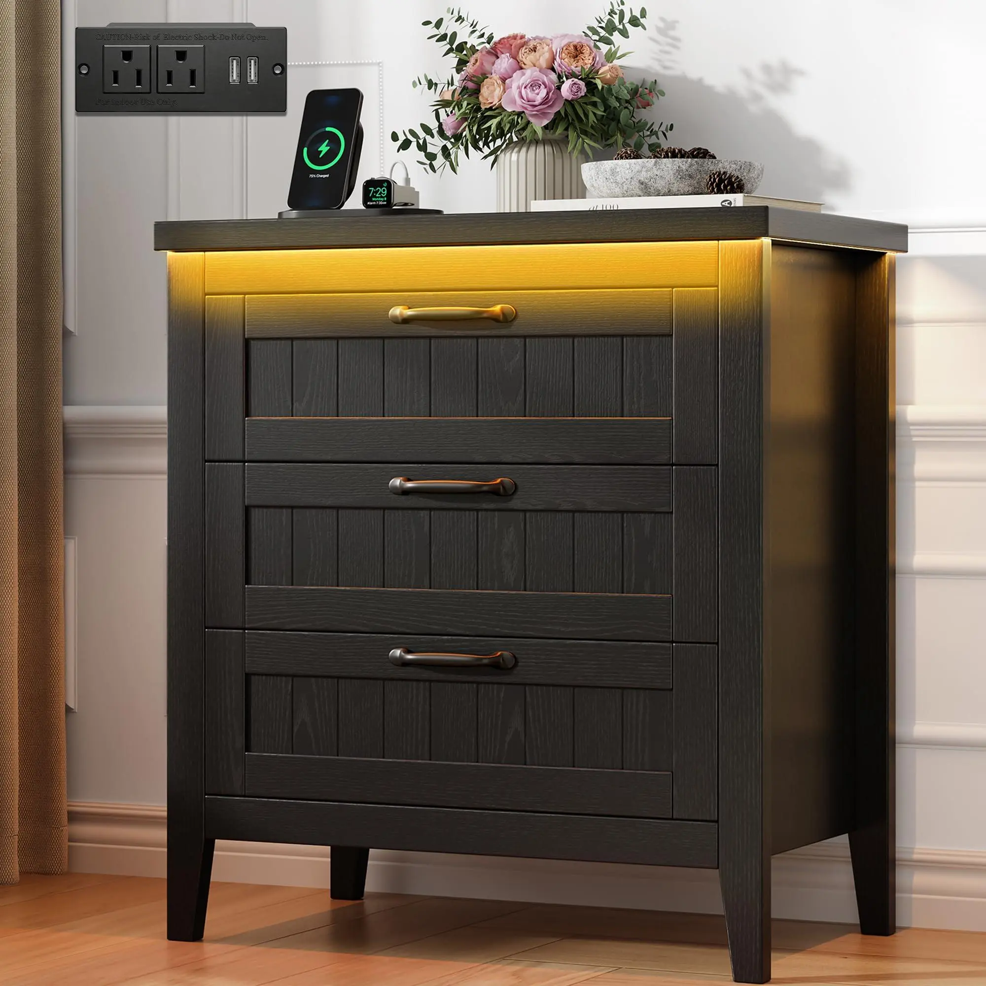 Garvee Slim 3-Drawer Wooden Farmhouse Dresser with Charging Station, LED Lights, Rustic Storage Organizer for Bedroom, Closet, Black