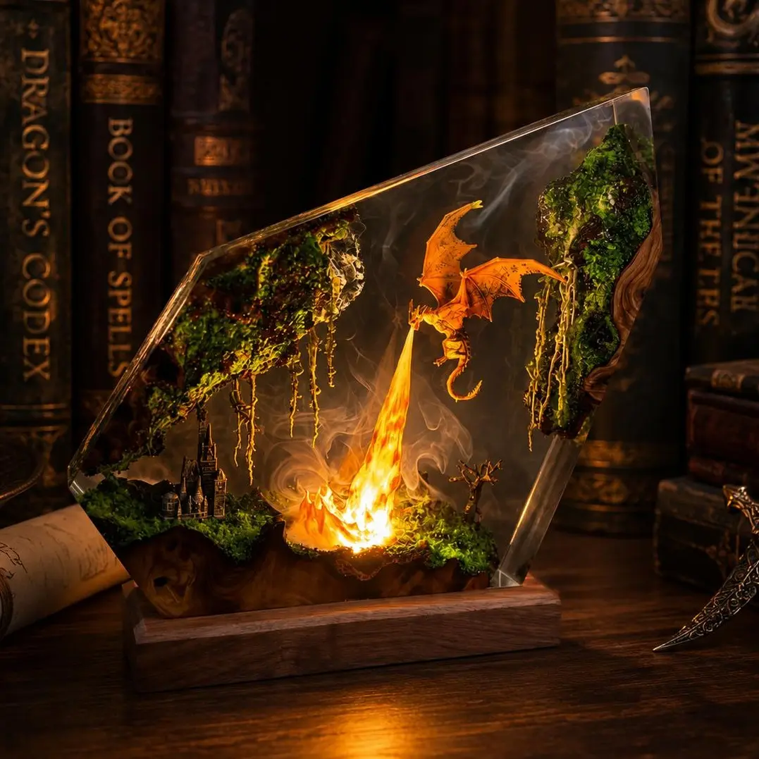Fire Breathing Dragon Handmade Resin Epoxy Lamp, 3D Fantasy Diorama LED Night Light, Dragon Castle Home Decor, Gamer Desk Decor, Birthday Christmas Halloween Gift Fantasy Gift