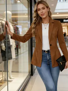 A set of women's casual Elegant waist cinched brown coat, suitable for autumn and winter, suitable for home, indoor, and outdoor wear