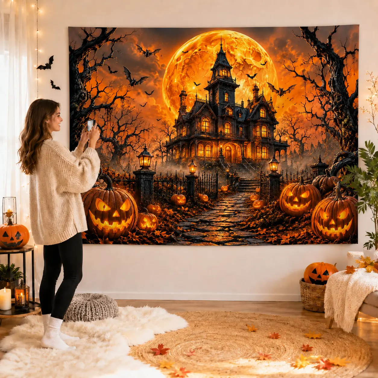 Halloween Gothic Castle Tapestry Backdrop - Halloween Aesthetic, Rich Colors Holiday Decor, Pumpkin Moon Mansion Wall Hanging for Photo Booths, Bedroom Living Room Fall Party Use