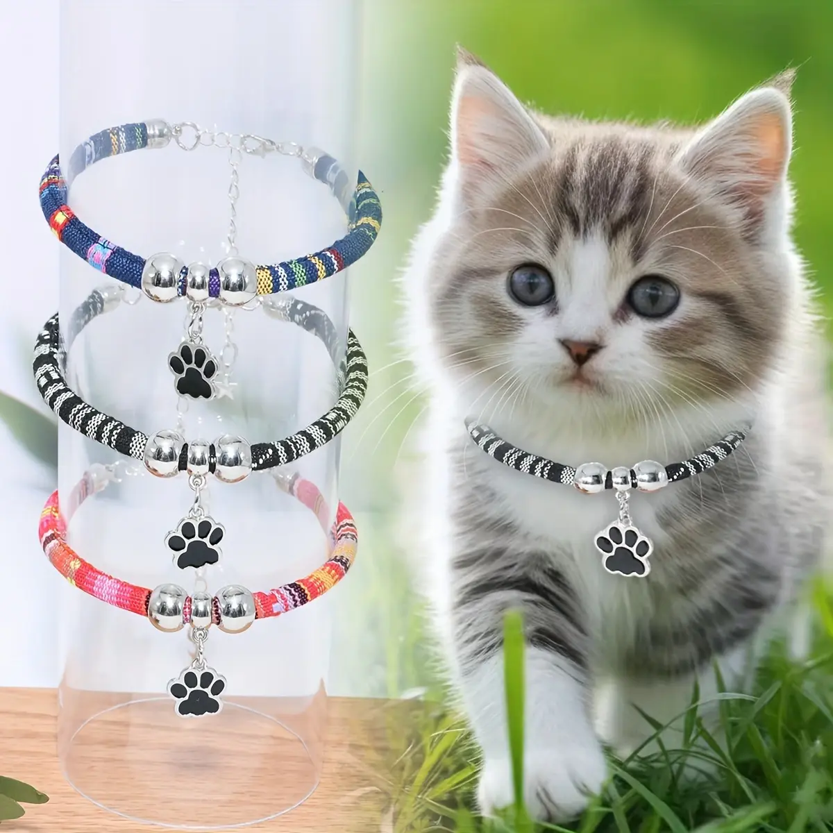 Adjustable Cat & Small Dog Collar - Nylon Pet Necklace with Colorful Paw Print Pendant, Ethnic Design Durable Pet Accessory for Daily Use, Parties, Birthday Gifts, Christmas Or Travel - Stylish & Secure for Puppy, Kitten School Supplies Papeleria