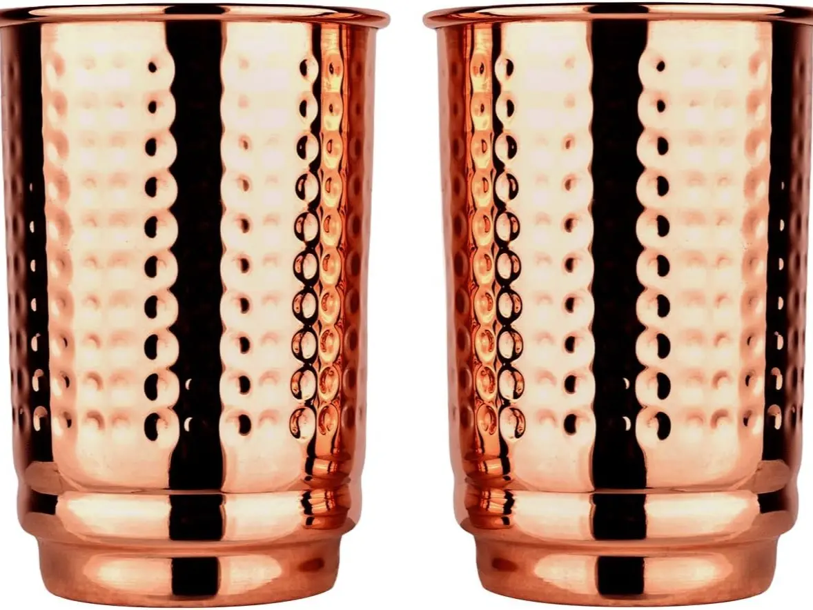 Pure Copper Cups Set of 2 - Hammered Copper Tumblers and Copper Cups for water 11.8 oz (350 mL), Ayurvedic Copper Cups for Daily Use