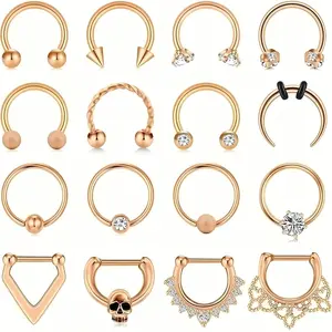 16pcs 16G Septum Nose Rings Stainless Steel Hinged Seamless Nose Hoop Ring Horseshoe Piercing Jewelry Captive Bead Ring Helix Daith Tragus Cartilage Earrings for Women Men